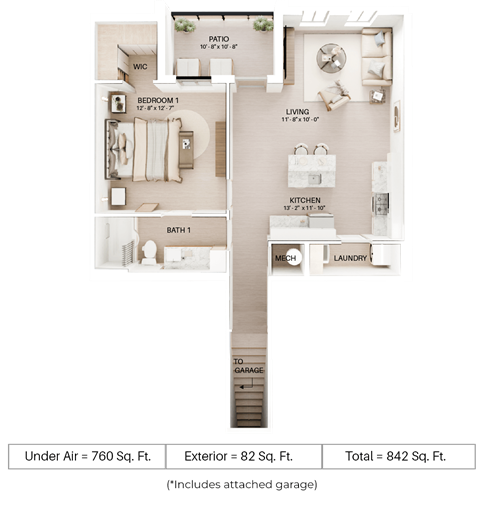 Floor plan for 1 bed, 1 bath, 760 sqft